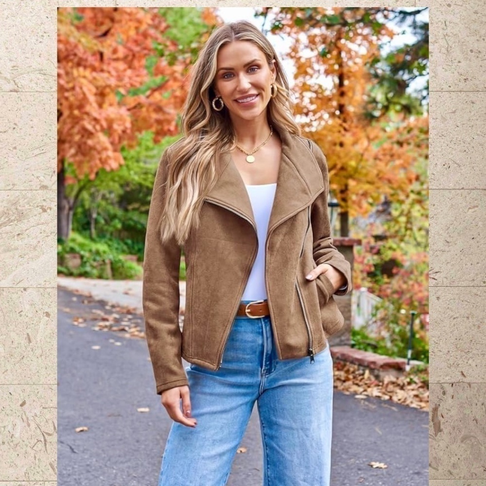 Moto-Style Soft Vegan Suede Lightweight Long Sleeve Jacket-Tan/LG/NWT - Picture 3 of 15